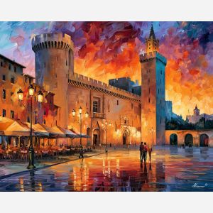 Avignon painting, France historic architecture, palace square wall art, Afremov style oil painting, palette knife cityscape, medieval France decor, colorful travel artwork, French heritage painting, European square art, Provence wall decor