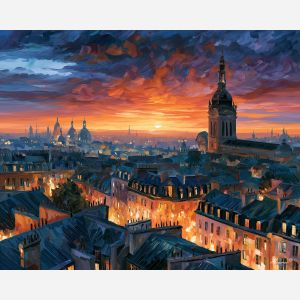 Paris rooftops painting, France cityscape art, Afremov style oil painting, French skyline decor, palette knife dawn artwork, colorful Paris wall art, European city painting, romantic travel decor, rooftop landscape, Paris interior art
