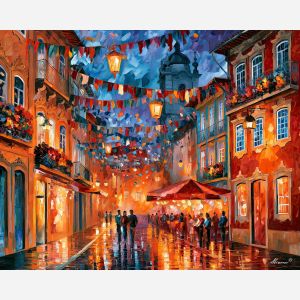 Braga painting, Portugal festival art, Portuguese street decor, Afremov style oil painting, palette knife cityscape, colorful celebration artwork, European festival painting, travel wall decor, lantern street art, Portugal culture painting