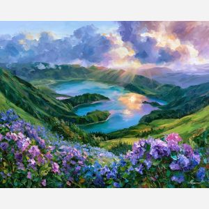 Azores painting, Portugal island landscape, crater lake art, Afremov style oil painting, palette knife nature artwork, volcanic landscape decor, hydrangea painting, colorful lake wall art, Portugal travel decor, island wall art
