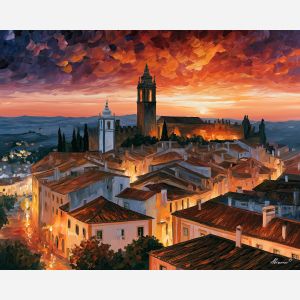 Evora painting, Portugal heritage art, Roman columns artwork, Afremov style oil painting, palette knife architecture, historic Portugal wall art, ancient ruins decor, colorful twilight painting, travel artwork, European heritage decor
