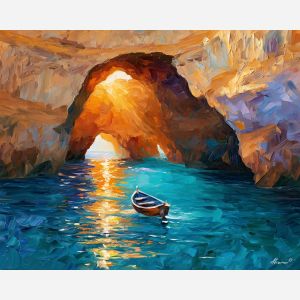 Algarve painting, Portugal coastal art, sea cave wall decor, Afremov style oil painting, palette knife seascape, turquoise ocean artwork, Portuguese coast painting, colorful travel decor, golden cliff art, Mediterranean seascape