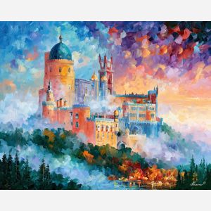 Sintra painting, Portugal palace art, Afremov style oil painting, colorful castle artwork, palette knife landscape, Portuguese architecture decor, misty palace painting, travel wall art, romantic landscape decor, Sintra wall art