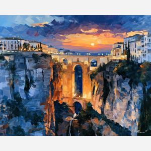 Ronda bridge painting, Spain landscape art, cliffside town decor, Afremov style oil painting, palette knife cityscape, Spanish architecture wall art, dramatic bridge painting, travel wall decor, Andalusian town art, colorful landscape