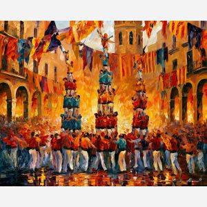 Castellers painting, Spain festival art, Catalan culture wall decor, Afremov style oil painting, palette knife crowd scene, Spanish tradition art, colorful square painting, travel wall decor, lively festival artwork, cultural wall art