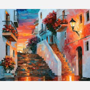 Ibiza painting, Spain old town art, Afremov style oil painting, whitewashed street decor, palette knife sunset painting, colorful Mediterranean artwork, island wall art, travel decor, Spanish coastal town art, floral street painting