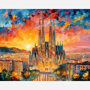 Barcelona skyline painting, Spain architecture art, Afremov style oil painting, modernist tower decor, palette knife city art, colorful Spain wall art, cathedral-inspired painting, travel decor, urban artwork, mosaic style cityscape