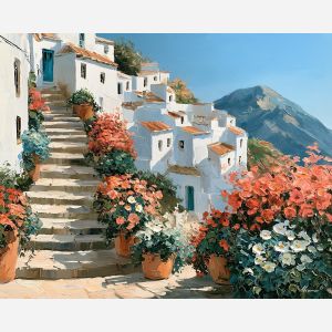 Andalusian village painting, Spain wall art, white village decor, Afremov style oil painting, palette knife landscape, Spanish hillside town art, colorful travel artwork, Mediterranean village painting, sunny wall decor, Spain culture art