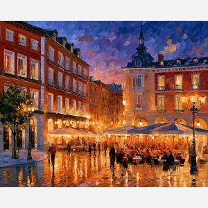 Madrid plaza painting, Spain city art, Afremov style oil painting, café wall decor, palette knife cityscape, Spanish evening artwork, colorful plaza painting, travel decor, cobblestone square art, European wall art