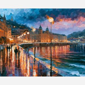 San Sebastian painting, Spain coastal art, bay promenade wall decor, Afremov style oil painting, palette knife seascape, Spanish beach city art, travel painting, colorful shoreline artwork, evening promenade decor, coastal wall art