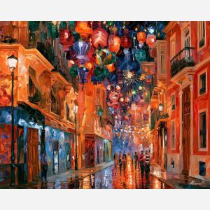 Valencia painting, Spain festival art, Afremov style oil painting, lantern street decor, palette knife city artwork, colorful Spain wall art, festive evening painting, travel decor, historic street scene, lively wall art