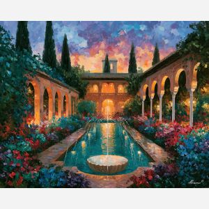 Granada painting, Spain garden art, palace garden wall decor, Afremov style oil painting, fountain painting, Andalusian architecture art, palette knife garden artwork, colorful Spain decor, travel wall art, Mediterranean painting