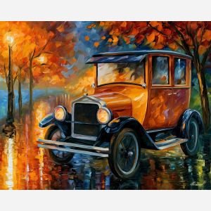 1926, essex, coach, afremov style old car, close up car painting, palette knife art, riverside promenade and reflections, colorful background, vintage automobile art, 5:4 painting