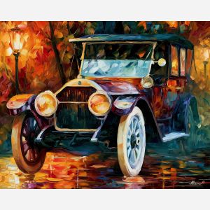 1915, packard, twin six, afremov style old car, close up car painting, palette knife art, park pond and jewel-toned foliage, colorful background, vintage automobile art, 5:4 painting