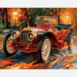 1907, itala, 35/45 hp, afremov style old car, close up car painting, palette knife art, park pond and jewel-toned foliage, colorful background, vintage automobile art, 5:4 painting