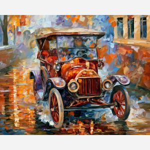 1905, rambler, model l, afremov style old car, close up car painting, palette knife art, canal shimmer and architecture, colorful background, vintage automobile art, 5:4 painting