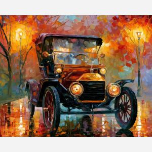 1901, oldsmobile, curved dash, afremov style old car, close up car painting, palette knife art, night park reflections and glowing lamps, colorful background, vintage automobile art, 5:4 painting