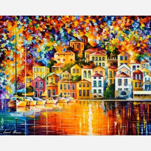 Leonid Afremov, oil on canvas, palette knife, buy original paintings, art, famous artist, biography, official page, online gallery, large artwork, fine, water, boat, sea, scape, pier, dock, night, calm, yachts, harbor, shore, rest, ship
