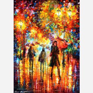 Leonid Afremov, oil on canvas, palette knife, buy original paintings, art, famous artist, biography, official page, online gallery, figures, forest, autumn, couple, umbrella, park, landscape, leaf, fall, walking, people, city, night, streets, rain, trees