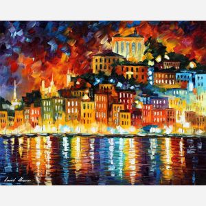 Leonid Afremov, oil on canvas, palette knife, buy original paintings, art, famous artist, biography, official page, online gallery, large artwork, fine, water, boat, sea, scape, pier, dock, night, calm, yachts, harbor, shore, rest, ship