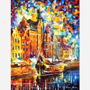 Leonid Afremov, oil on canvas, palette knife, buy original paintings, art, famous artist, biography, official page, online gallery, large artwork, fine, water, boat, sea, scape, pier, dock, night, calm, yachts, harbor, shore, rest