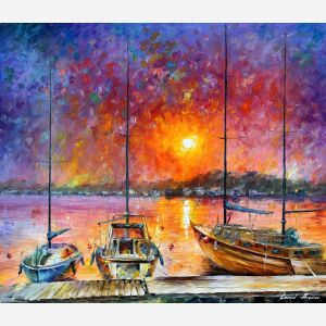 Leonid Afremov, oil on canvas, palette knife, buy original paintings, art, famous artist, biography, official page, online gallery, large artwork, sunset, water, boat, sea, scape, pier, dock, night, calm, yachts, harbor, shore, rest, ship, regatta, sailer