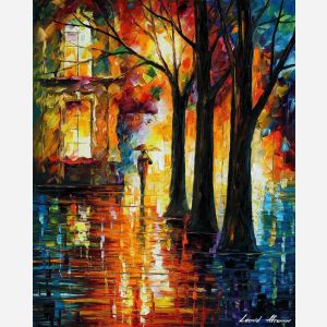 Leonid Afremov, oil on canvas, palette knife, buy original paintings, art,  famous artist, biography, official page, online gallery, scape,  outdoors, autumn, town, park, leaf, fall, European cities,  city, night, streets, rain, Israel, Jerusalem