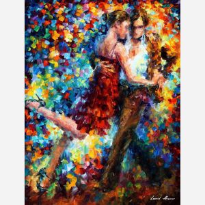 Leonid Afremov, oil on canvas, palette knife, buy original paintings, art, famous artist, biography, official page, online gallery, large artwork, young,  red dress, music, dance, girls, tango