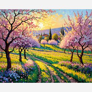 Pink sunset in the village