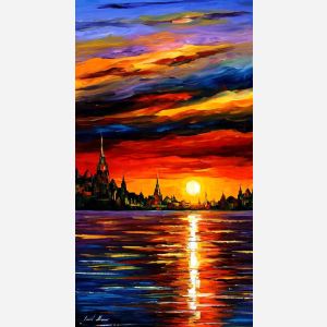 Leonid Afremov, oil on canvas, palette knife, buy original paintings, art, famous artist, biography, official page, online gallery, large artwork, sunset, water, boat, sea, scape, pier, dock, night, calm, yachts, harbor, shore, rest, ship, regatta, sailer