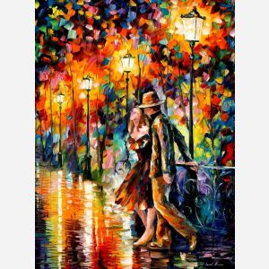 Leonid Afremov, oil on canvas, palette knife, buy original paintings, art, famous artist, biography, official page, online gallery, figures, forest, autumn, couple, umbrella, park, landscape, leaf, fall, walking, people, city, night, streets, rain, trees