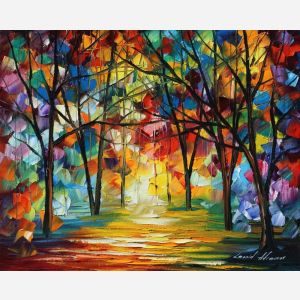 Leonid Afremov, oil on canvas, palette knife, buy original paintings, art, famous artist, biography, official page, online gallery, large artwork, fine, water, landscape, cityscape, fall alley, autumn scene, garden, night park, leaf, rain, walking people