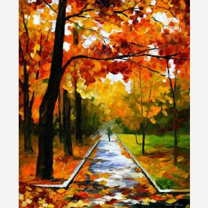 Leonid Afremov, oil on canvas, palette knife, buy original paintings, art, famous artist, biography, official page, online gallery, large artwork, fine, water, landscape, cityscape, fall alley, autumn scene, garden, night park, leaf, rain, walking people