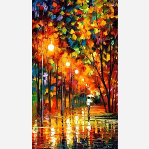 Leonid Afremov, oil on canvas, palette knife, buy original paintings, art, famous artist, biography, official page, online gallery, large artwork, fine, water, landscape, cityscape, fall alley, autumn scene, garden, night park, leaf, rain, walking people