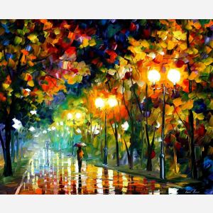 Leonid Afremov, oil on canvas, palette knife, buy original paintings, art, famous artist, biography, official page, online gallery, large artwork, fine, water, landscape, cityscape, fall alley, autumn scene, garden, night park, leaf, rain, walking people