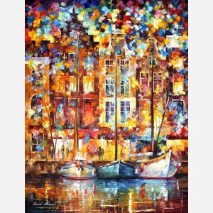 afremov, original, oil, painting, palette knife, impressionist, impressionism, surreal, surrealism, still life, buy painting, buy art , purchase painting, purchase art, city, boat, ship, cityscape, port, shore