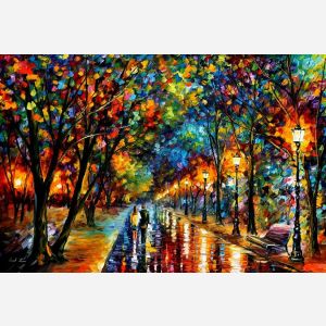 Leonid Afremov, oil on canvas, palette knife, buy original paintings, art, famous artist, biography, official page, online gallery, large artwork, fine, fall alley, autumn, park, landscape, trees, forest, leaf, garden, night, rain, outdoors