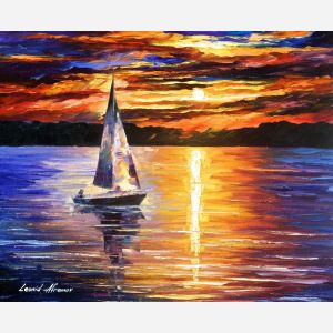 sunset over water painting, lake sunset painting