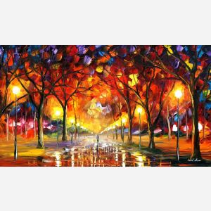 Leonid Afremov, oil on canvas, palette knife, buy original paintings, art, famous artist, biography, official page, online gallery, large artwork, fine, water, landscape, cityscape, fall alley, autumn scene, garden, night park, leaf, rain, walking people