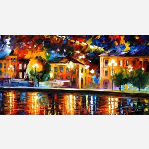 Leonid Afremov, oil on canvas, palette knife, buy original paintings, art, famous artist, biography, official page, online gallery, large artwork, fine, water, boat, sea, scape, pier, dock, night, calm, yachts, harbor, shore, rest, ship