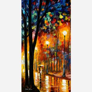 Leonid Afremov, oil on canvas, palette knife, buy original paintings, art, famous artist, biography, official page, online gallery, large artwork, fine, water, landscape, cityscape, fall alley, autumn scene, garden, night park, leaf, rain, walking people