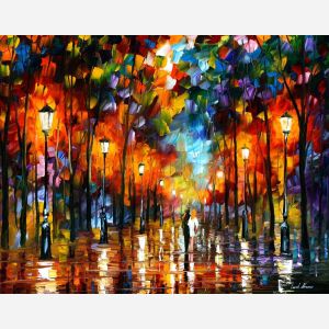 Leonid Afremov, oil on canvas, palette knife, buy original paintings, art, famous artist, biography, official page, online gallery, large artwork, fine, water, landscape, cityscape, fall alley, autumn scene, garden, night park, leaf, rain, walking people