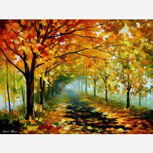 Leonid Afremov, oil on canvas, palette knife, buy original paintings, art, famous artist, biography, official page, online gallery, large artwork, fine, water, landscape, cityscape, fall alley, autumn scene, garden, night park, leaf, rain, walking people