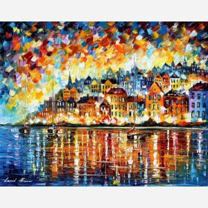 Leonid Afremov, oil on canvas, palette knife, buy original paintings, art, famous artist, biography, official page, online gallery, large artwork, fine, water, boat, seascape, pier, sea, dock, night, calm, yachts, harbor