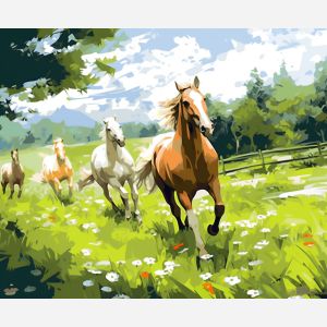 Running horses in pastoral elegance