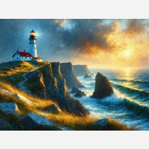 Clifftop Light Guiding the Sunset Horizon