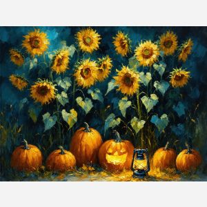 Sunflowers and Pumpkins on an Autumn Night