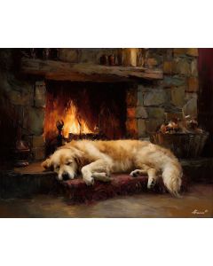DOG BY FIREPLACE