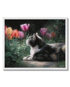 CAT AND TULIPS - FRAMED