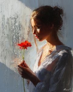 WOMAN WITH RED FLOWER